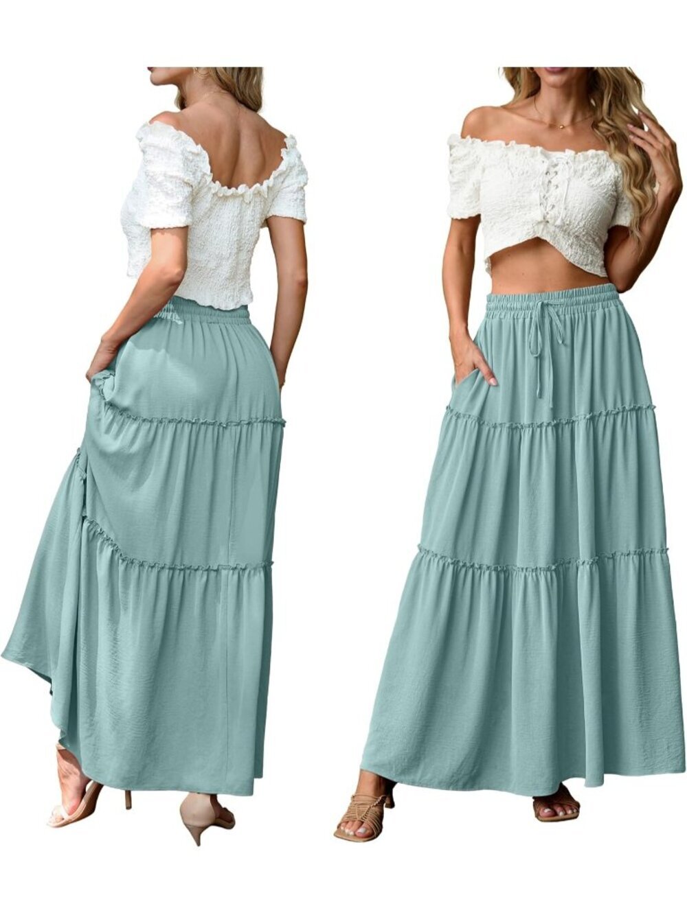 Women's Boho High Waisted Aqua Sea Maxi Skirts Tiered Floral Long Skirts Pockets - Picture 5 of 6